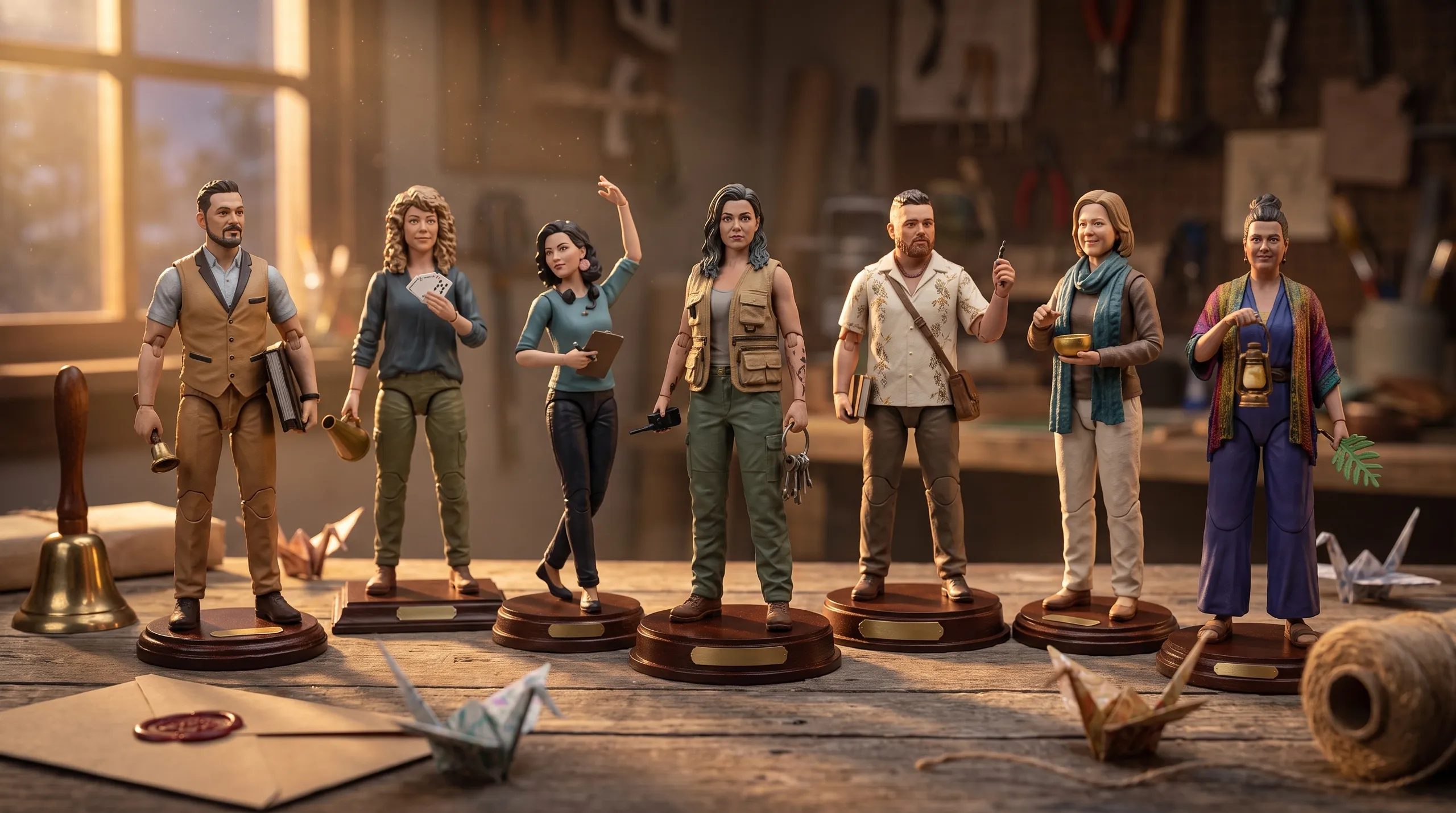 All seven WhimsyLab figures gathered on a workshop table